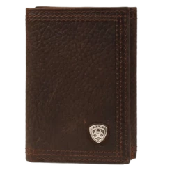 Ariat Mens Rowdy Shielf Logo Trifold Brown Leather Wallet