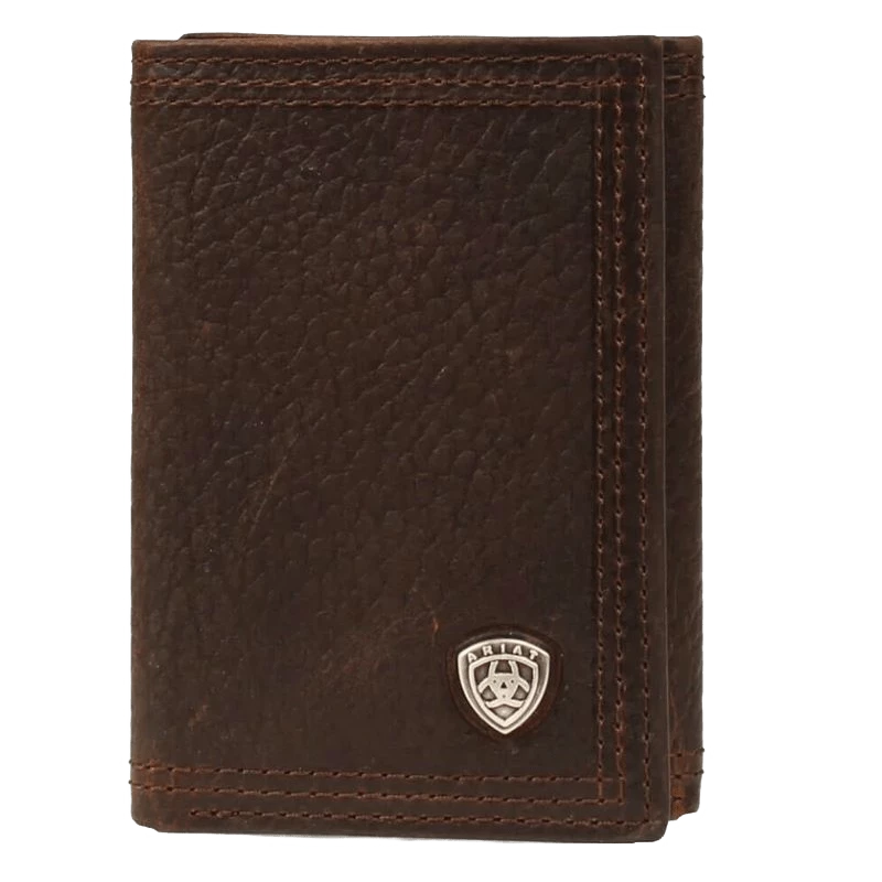 Ariat Mens Rowdy Shielf Logo Trifold Brown Leather Wallet