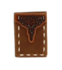 Ariat Western Mens Trifold Floral Tooled Medium Brown Wallet