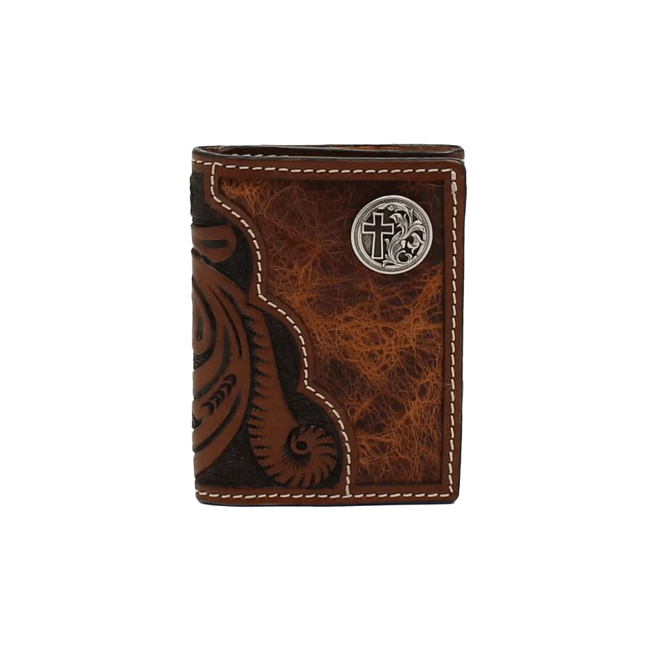 M&F Mens Floral Tooled Cross Concho Trifold Wallet