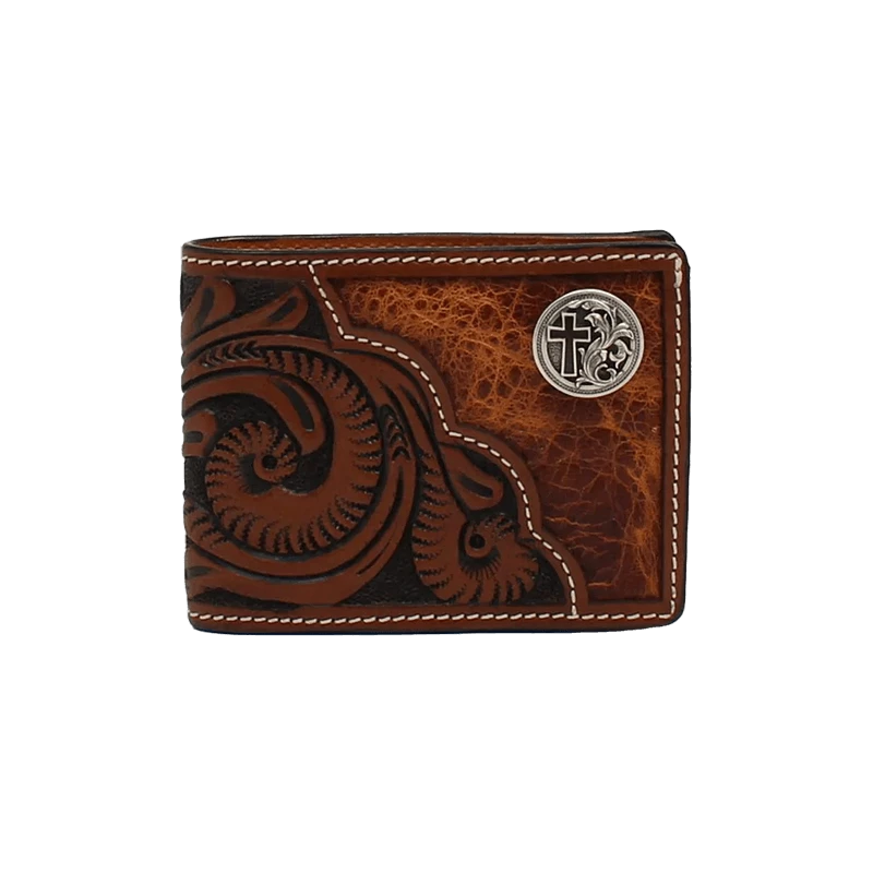 3D Men's Floral Tooled With Cross Concho Bifold Wallet
