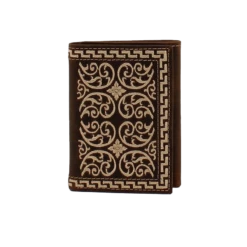Nocona Men's Cream Embroidered Brown Trifold Wallet
