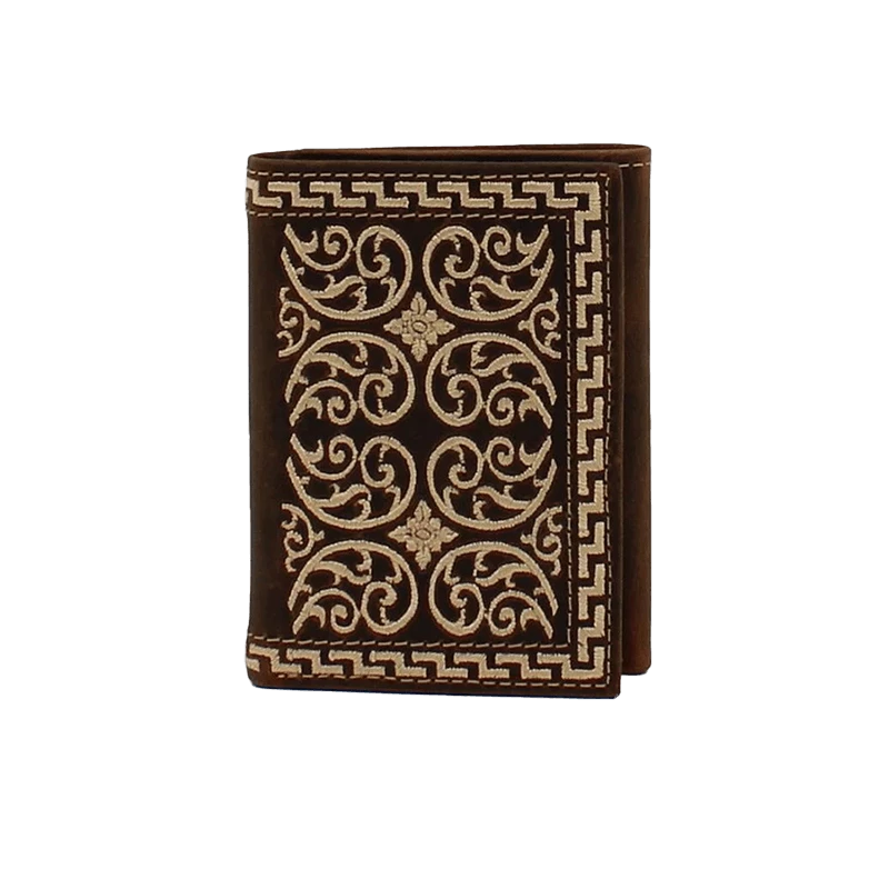 Nocona Men's Cream Embroidered Brown Trifold Wallet
