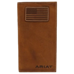Ariat Men's Brown Flag Patch Checkbook Leather Rodeo Wallet