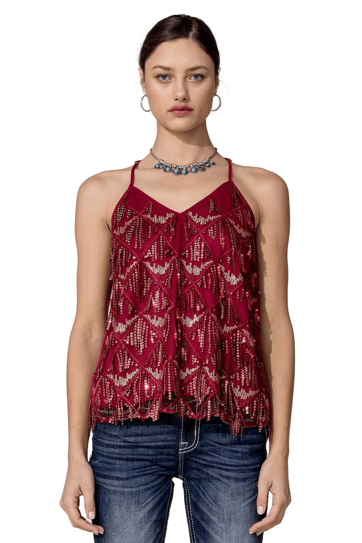 Miss Me Women's Red Sequin Fringe Top